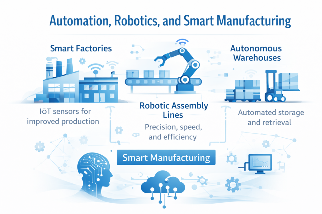 Automation, robotics, and smart manufacturing infographic