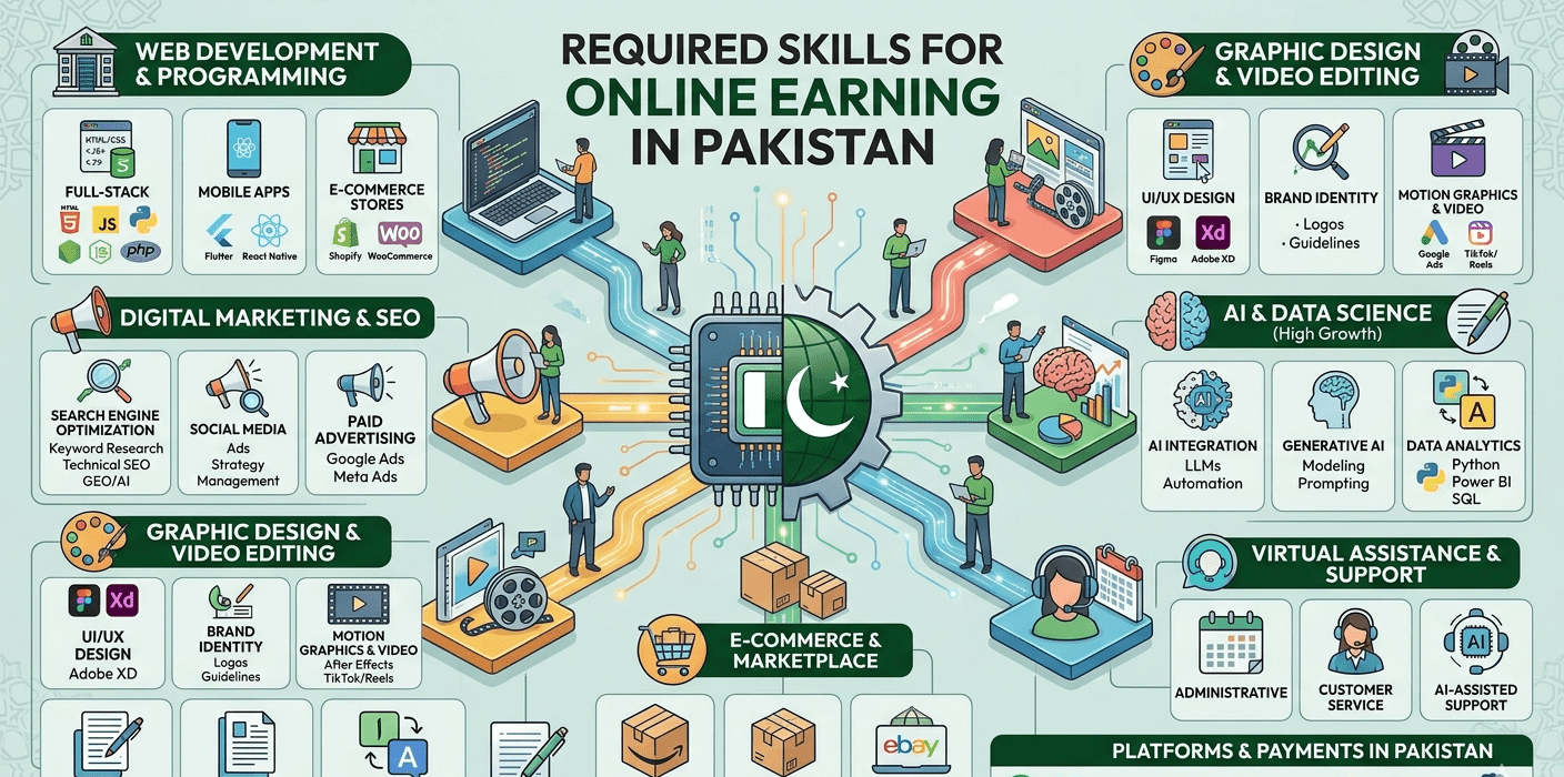 What skills are required for online earning in Pakistan?
